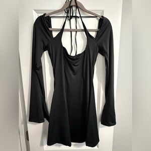 Long Sleeve Cross Over Strap Mini Dress in Black